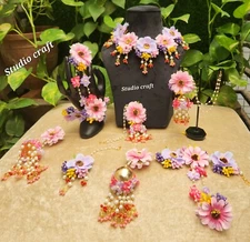 Women fashion flower  earrings tika bracelets necklace haldi mehandi babyshower
