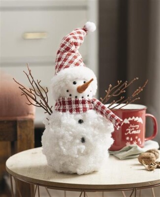 Schneemann 33cm hoch aus weichem weißem Textil mit Hut und Schal