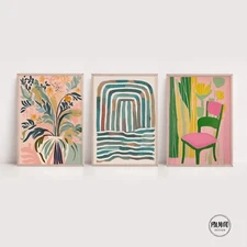 Set of 3 Maximalist pink Botanic wall art - Abstract Vase and Chair Illustration