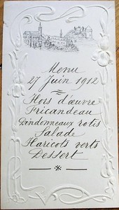 Menu-French-1912-w-Hand-Drawn-Original-Art-Castle-Vignette-Handwritten