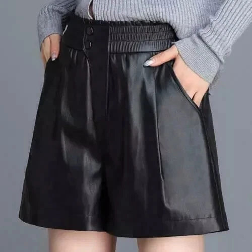 Pantalones Cortos de Piel de Cordero Elásticos Elegantes para Mujer Negros Hechos a Mano Genuinos Fiesta Foto 2 de 4