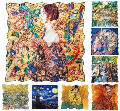 Damen Seiden-Tuch 90x90 cm Kunstdruck Seiden-Malerei Gustav Klimt Van Gogh Monet