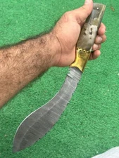 16”CUSTOM HANDMADE DAMASCUS STEEL HUNTING KUKRI BOWIE KNIFE RAM HORN HANDLE  EDC