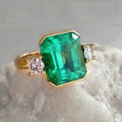 3Ct Simulated Emerald &Diamond Three Stone Engagement Ring 14K White Gold Finish