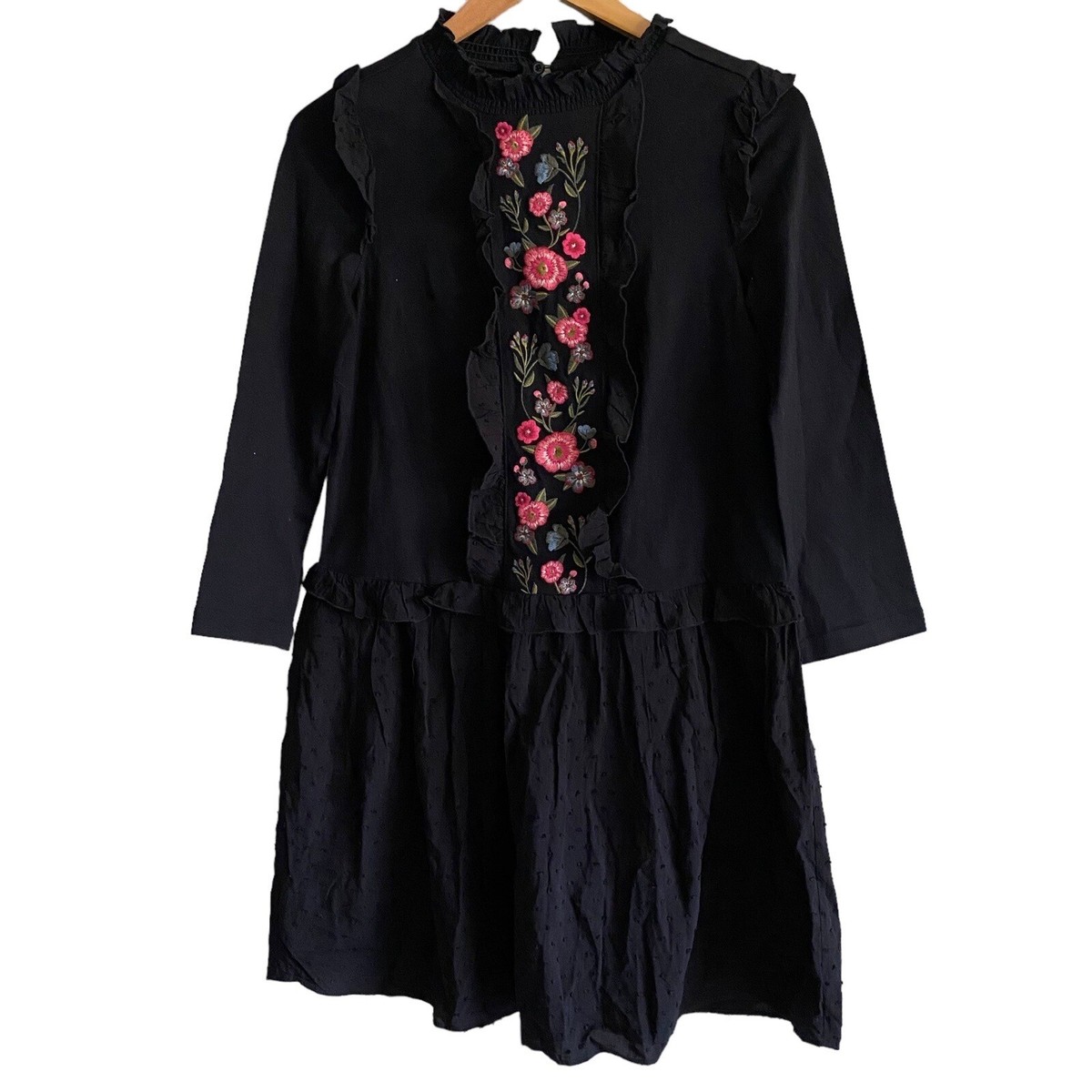Kate Spade black floral embroidered mixed media ruffle dress NEW XS | eBay