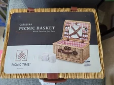 Catalina English Style Picnic Basket with Service for Two, Red and White Plaid