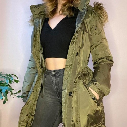 Banana Republic olive green puffer jacket removable faux fur hood Size L - Picture 14 of 16