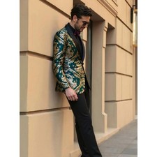 Men's Jacquard Floral Blazer Slim Luxury Party Prom Groom Tuxedo Wedding Suit