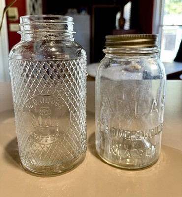 Vtg Old Judge Coffee Owl Embossed Quart Glass Jar Diamond Pattern & Atlas Mason