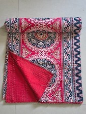 Indian Hand Block Print King Size Cotton Kantha Quilt Throw Blanket Bedspread