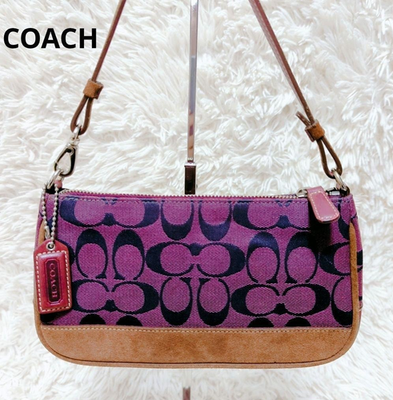 バッグ Coach Mini Pouch In Purple Suede Leather Coach Signature Demi mini Pouch Hand Bag Purple Brown Suede 6094