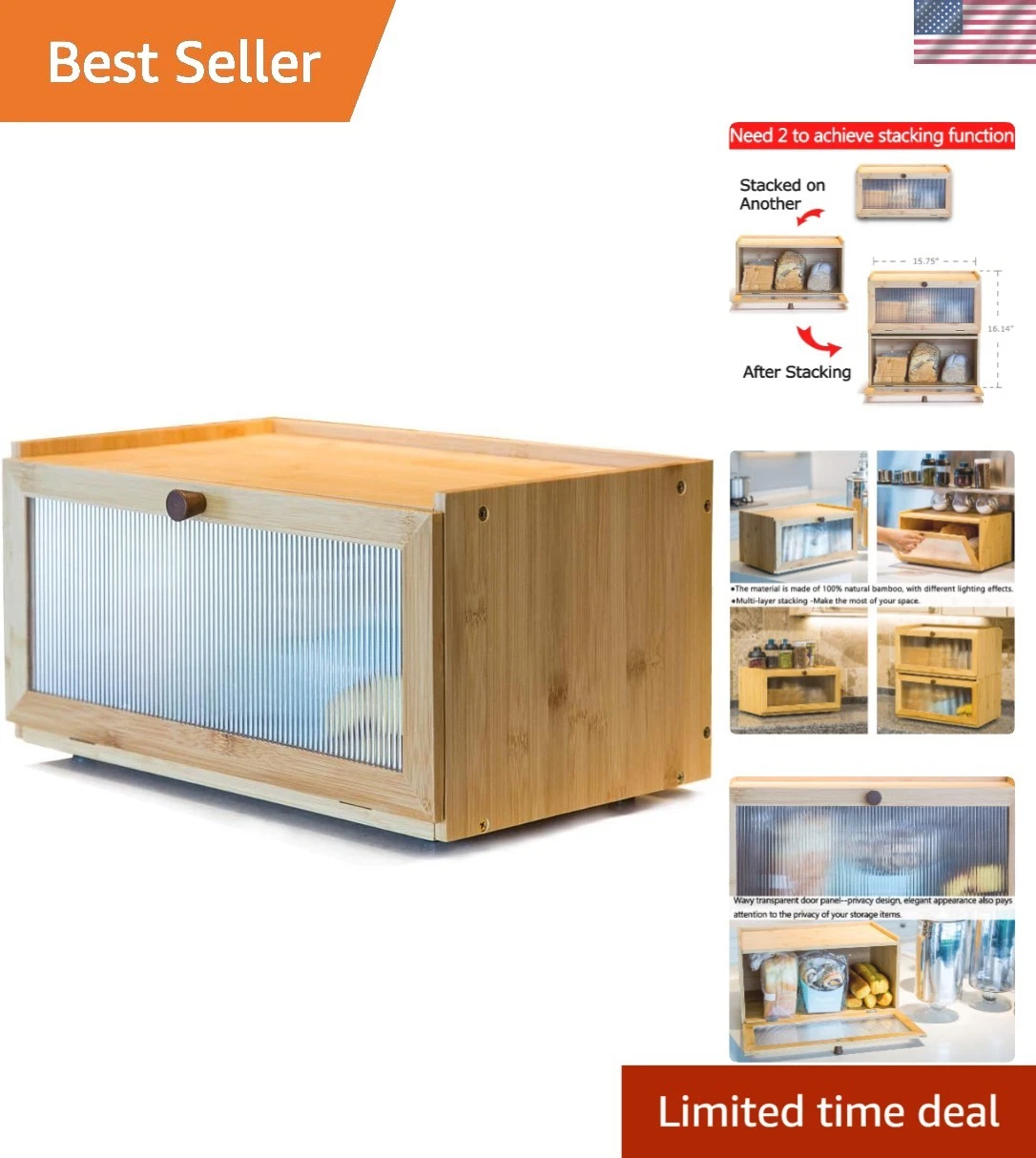 Multi-Functional Bamboo Bread Box for Kitchen Counter – Easy to Assemble