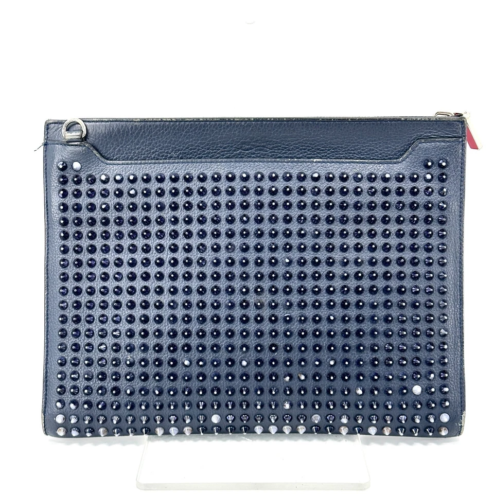 Christian Louboutin Leather Spiked Studded Clutch Bag Blue Navy Unisex Pouch - Image 3 of 4