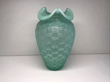 Fenton Basket Weave Jade Vase Opaline Ruffled 8”
