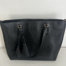Tory Burch Large Black Pebbled Leather Triple Compartment Tote Bag Tassel Charm