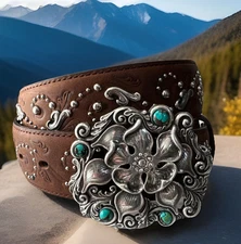 Justin Brown Floral Buckle Studded Leather Belt Size 30 NWT  C20669 List $65