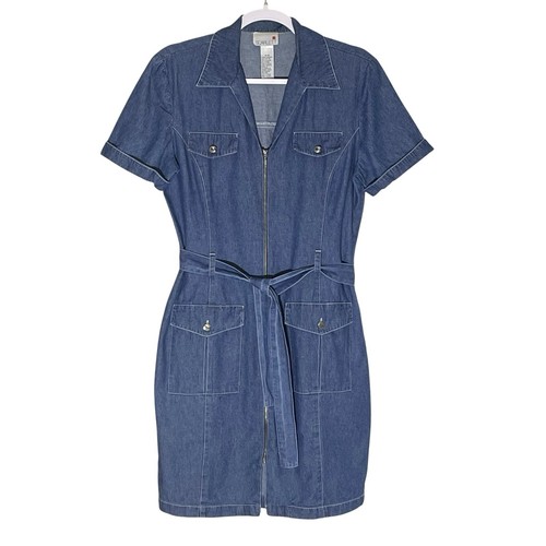 Vintage Blue Denim Short Sleeve Jean Dress Belt Pockets 90’s Y2K size Medium - Picture 1 of 12