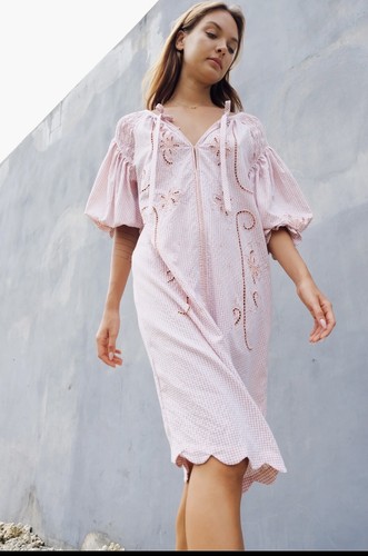NWT Innika Choo Peach Gingham Cutwork Midi Smock Dress Size 1 - Picture 4 of 11
