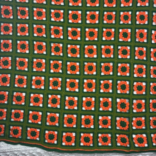 Handmade Crochet Afghan Granny Square Blanket Green Orange 57”x 86” Approx - Picture 2 of 8