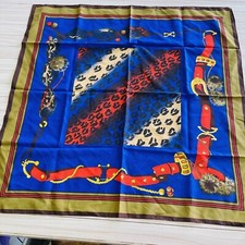 Vintage EQUESTRIAN Red Blue Gold Straps Chains 30 Square SCARF Animal Print