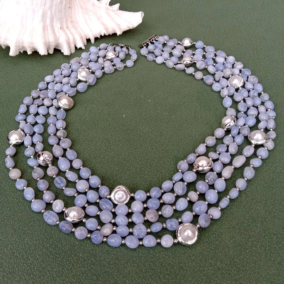 5 Strands Natural Blue Lace Agate Cultured White Pearl Necklace Jewelry Femme - Image 4 of 4