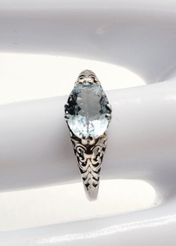 Anillo artesanal vintage de topacio azul de plata de ley 925 talla 6,5 banda de desplazamiento recortada - Imagen 2 de 10
