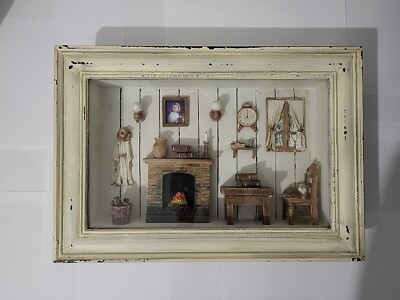 Seltenes Gemälde Vintage alte Wandvitrine 3D Kamin Tisch Stuhl Katze