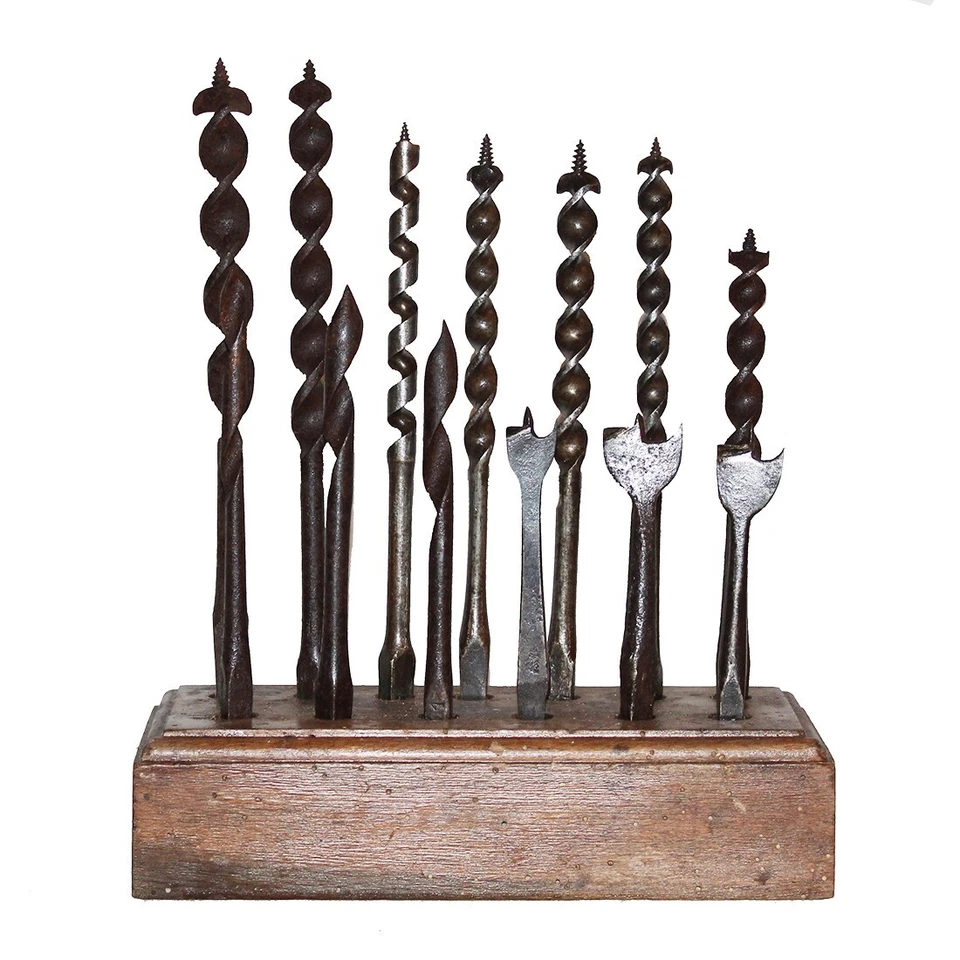 Outil ancien présentoir à mèches de chignole / villebrequin + 13 mèches à bois - Photo 2/4