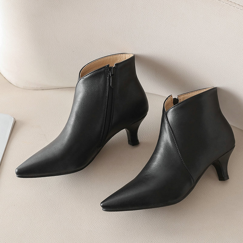 Women Pointed Stiletto Leather Kitten Heel Ankle Boots Pump Shoes Side Zipper