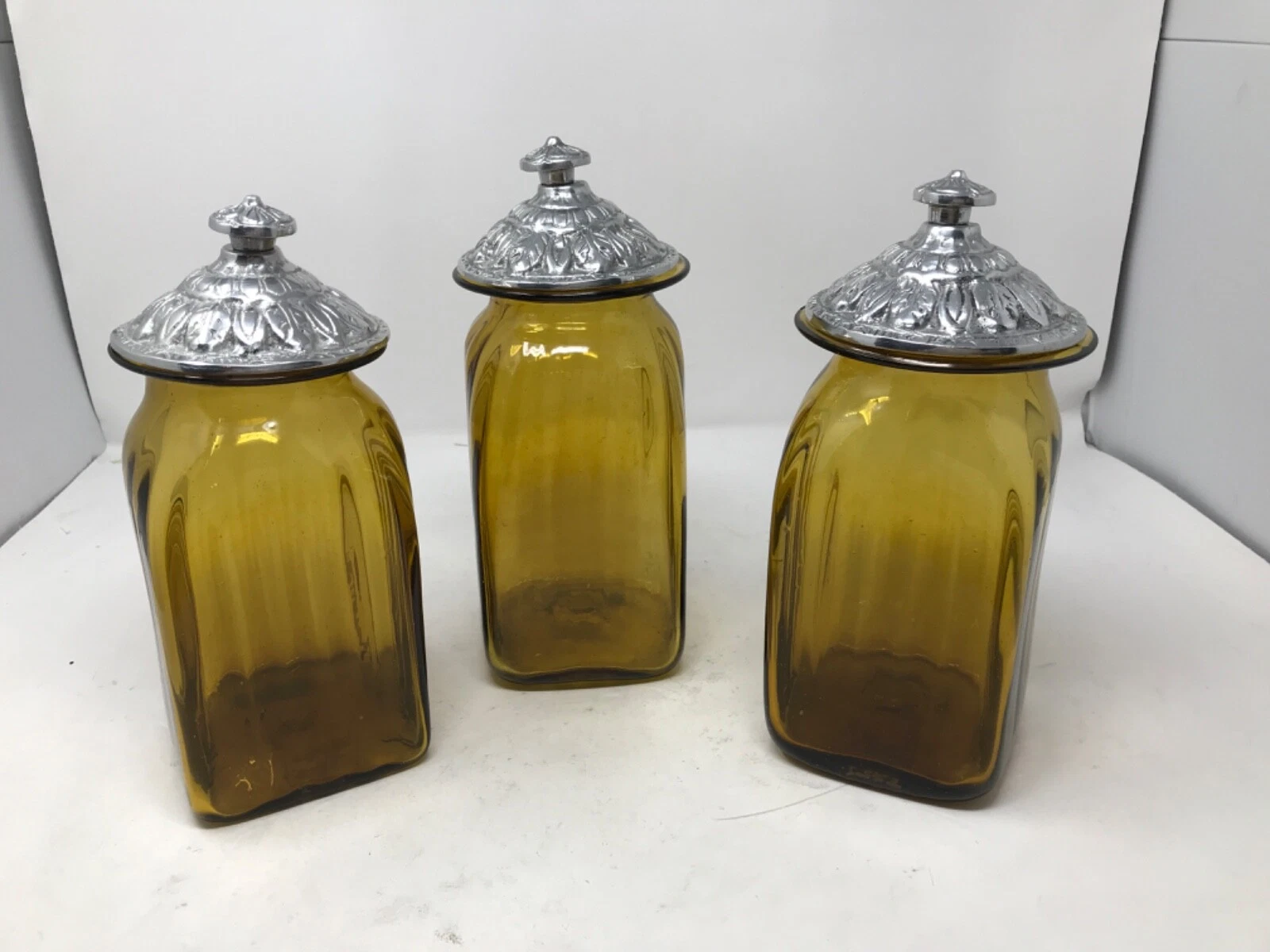 Canister Set of 3 Amber Ribbed Glass Holland Boone Pewter Lids Hand Blown Mexico