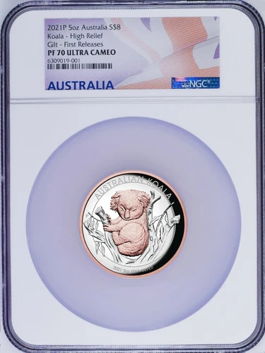 2021 Australia Pink Gold GILT HIGH RELIEF 5oz Silver Koala $8 Coin NGC PF70 FR