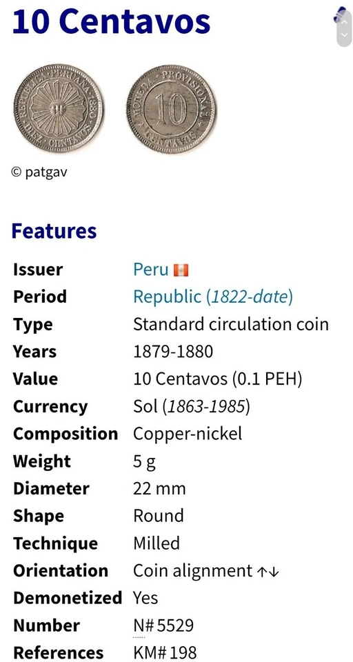 1880 PERU 10 CENTAVOS 'XF' 【KM#198】 - Image 3 of 4