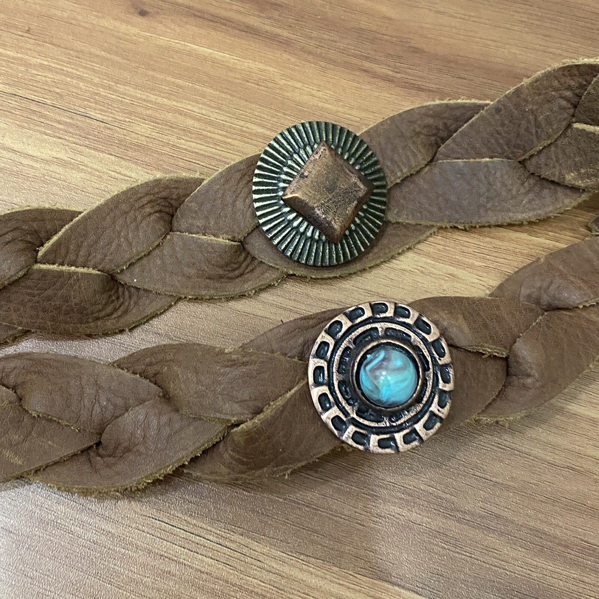 ✨Bebe cognac braided leather belt with turquoise details sz s/m✨ Braided Italian Leather and Linen Belt in Cognac and Navy by  main image 2