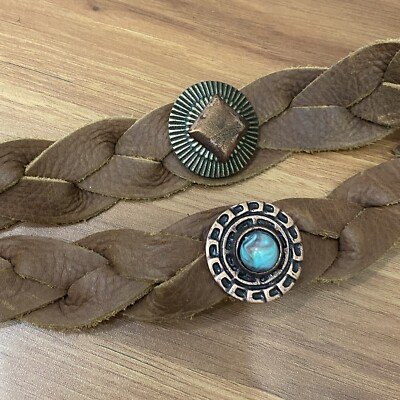 Vintage Y2K BEBE Brown Braided Leather Studded Faux Turquoise Southwest Belt M/L Vintage Y2K BEBE Brown Braided Leather Studded Faux  main image 4