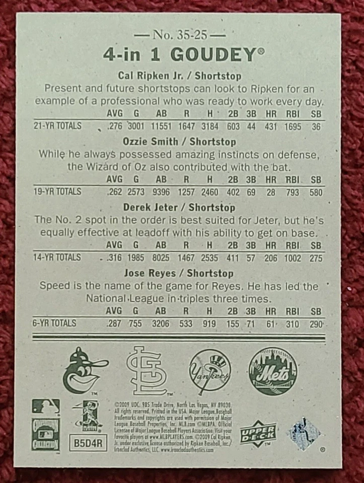2009 Upper Deck Goudey DEREK JETER RIPKEN OZZIE SMITH 4in1 Red Border Card SP - Image 2 of 2