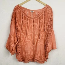 Kindred Womens Boho Peasant Crochet 2X Salmon Orange 100% Cotton