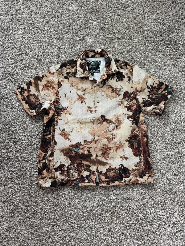 Rebel Vengeance Men's M Beige/Brown Angel Graphic Short Sleeve Button-Up Shirt