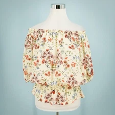 Maje 1 Size Small Ivory Cream Floral Butterfly Print Off The Shoulder Silk Top
