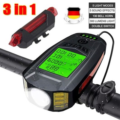 Fahrradbeleuchtung Tacho LED Fahrradbeleuchtung mit Hupe, LCD Display USB,3 IN 1