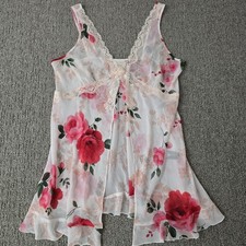 Womens Sheer Babydoll Floral Lace Tie Front Top Pink Rose Coquette Lingerie S
