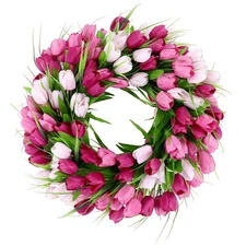 20 Inch Tulip Wreath for Front Door, Spring Summer Silk Wreath with Green Lea...