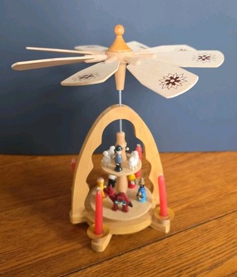Vintage German Pyramid Wood Windmill Candle Holder Christmas Nativity Scene 10''
