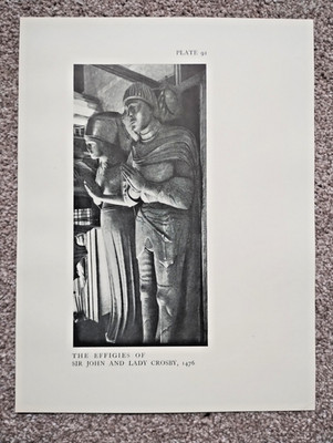Effigy of  Sir John and Lady Crosby, St Helen's Church  - Antique Print - 1924
