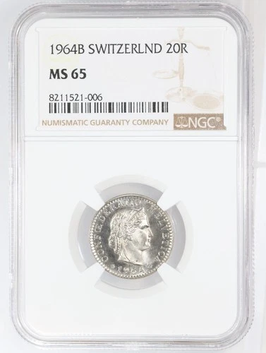 1964-B Switzerland 20 Rappen - NGC MS65