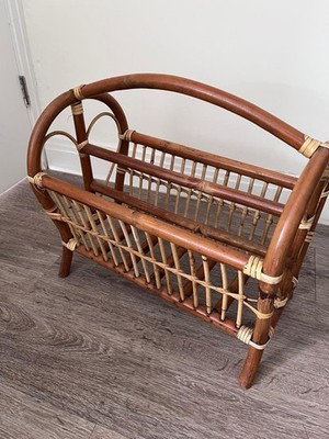 Vintage Bambus & Rattan Zeitungsständer Mid Century Boho Style Retro 70er Kiosk