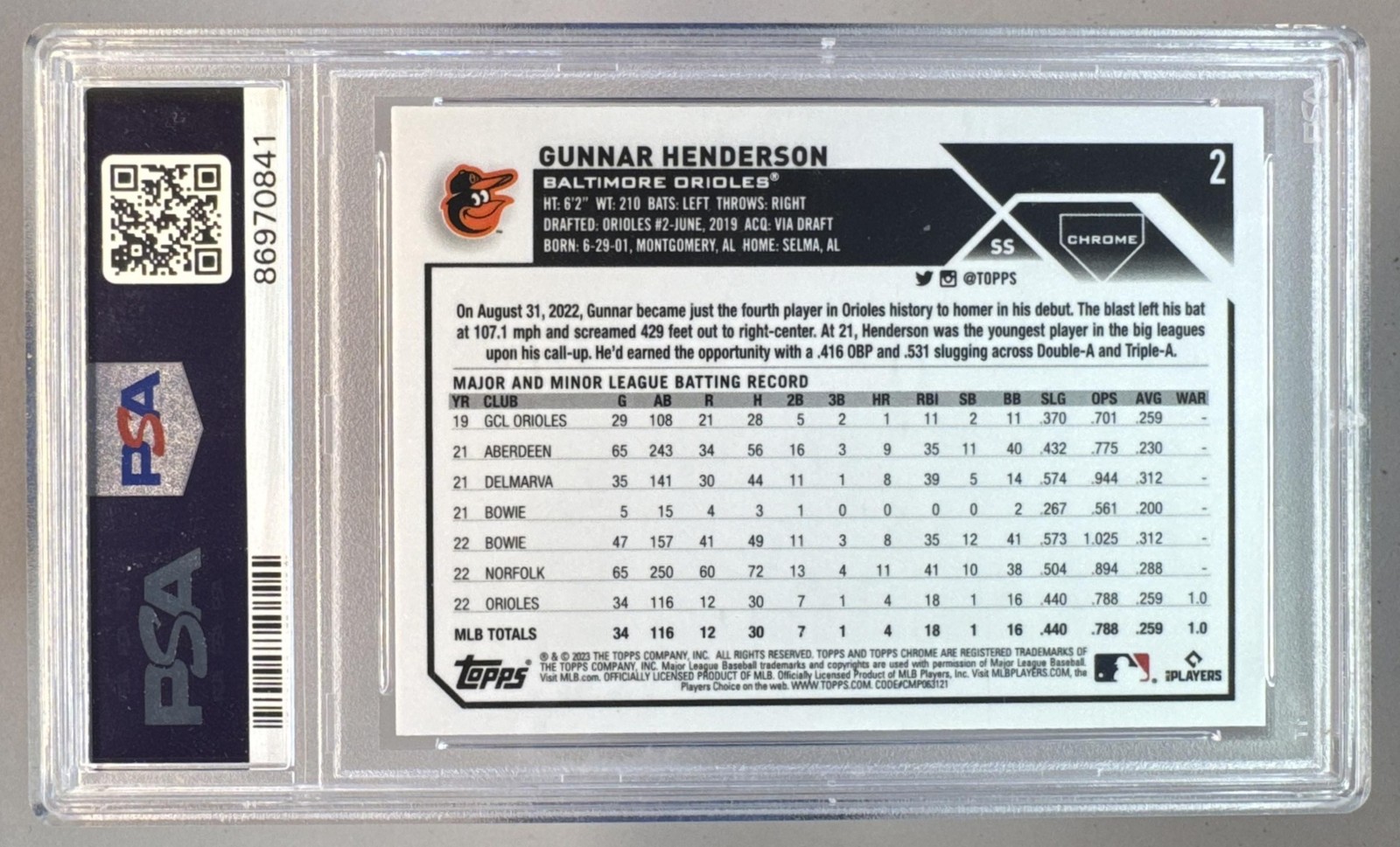 86970841 Gunnar Henderson 2023 Topps Chrome #2 Sepia Refractor Rookie RC PSA 10 view 2