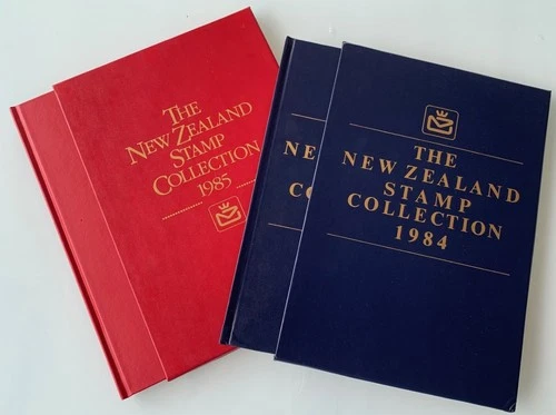 1984 & 1985 New Zealand year stamp collection, 2 NZ books, MUH stamps, complete