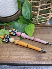 2 PC Handmade Silicone Bead Rhinestone Black Ink Pen Set Butterfly New B178
