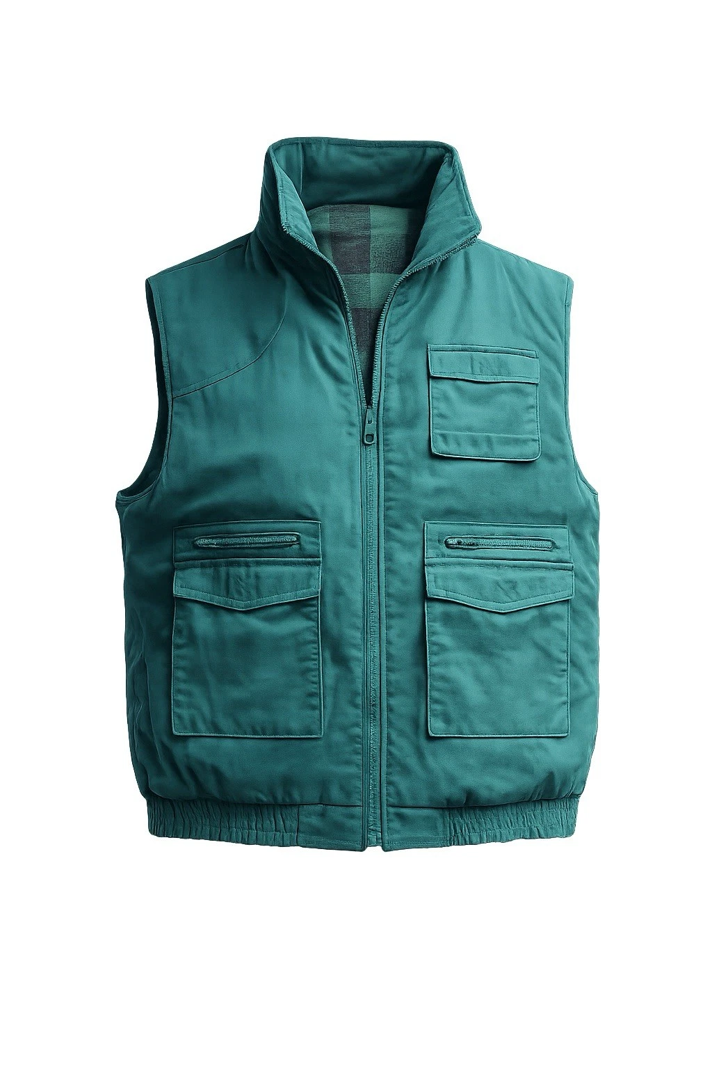 Vintage 80s 90s Reversible Teal Plaid Vest HHH Zipper Workwear GME