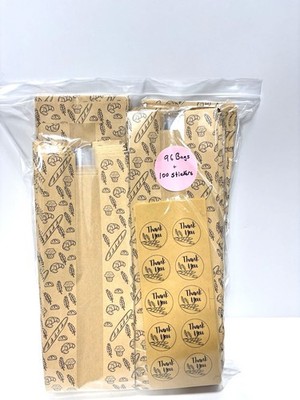 Bakery Bags Baguette Bread Design Clear Window 96pcs with 100 Thank You Stickers